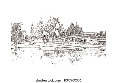 Wat Rong Khun, Wat in Pa O Don Chai, Thailand. hand drawn sketch illustration in vector.