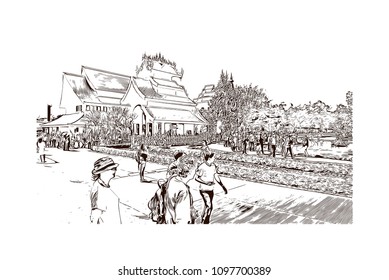 Wat Rong Khun, Wat in Pa O Don Chai, Thailand. hand drawn sketch illustration in vector.