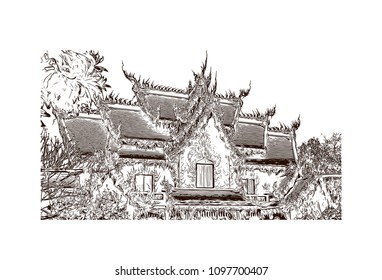 Wat Rong Khun, Wat in Pa O Don Chai, Thailand. hand drawn sketch illustration in vector.