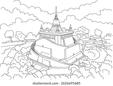 Wat Saket The Golden Mount Line Drawing, Hand-drawn line art illustration of Wat Saket, also known as the Golden Mount, a famous Buddhist temple and landmark in Bangkok, Thailand. Features the