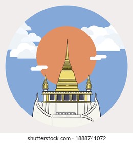Wat Saket (Golden Mount) one of the most famous tourist attraction in Bangkok, Thailand with big sun and cloudy sky.rrr
