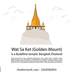 Wat Saket Ratcha Wora Maha Wihan temple or golden mount in bangkok city landmark. Vector Illustration
