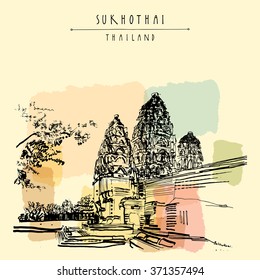 Wat Si Sawai in Sukhothai Historical Park, Thailand. Hand drawn vintage touristic postcard in vector