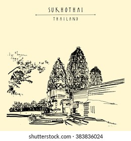 Wat Si Sawai in Sukhothai Historical Park, Thailand. Hand drawn vintage touristic postcard in vector
