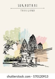 Wat Si Sawai in Sukhothai Historical Park, Thailand. Hand drawn vintage touristic postcard in vector