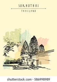 Wat Si Sawai in Sukhothai Historical Park, Thailand. Hand drawn vintage touristic postcard in vector