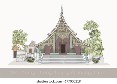 Wat Xieng Thong,Luang Prabang, Laos Sketch Drawing, Travel Landmark and Tourist Attraction