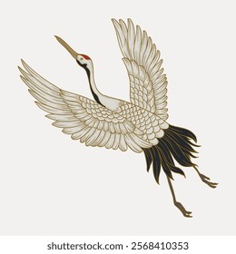 Watanabe's crane bird, oriental animal illustration, isolated vector element. Japanese style crane bird illustration by Watanabe. Vintage art drawing illustration, old painting art print.