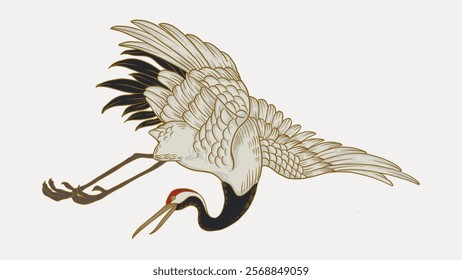 Watanabe's crane bird, oriental animal illustration, isolated vector element. Japanese style crane bird illustration by Watanabe. Vintage art drawing illustration, old painting art print.