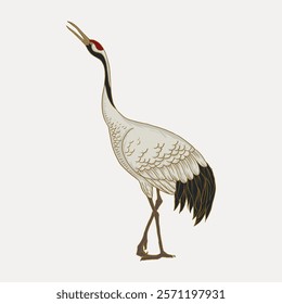 Watanabe's crane bird, oriental animal illustration, isolated vector element. Japanese style crane bird illustration by Watanabe. Vintage art drawing illustration, old painting art print.