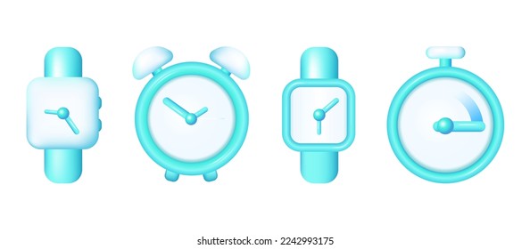 Watch 3d vector in realistic style on white background. Clocks, period, time icons set, 3d realistic vector icon EPS 10. White background. Business concept. Blue timer, gradient flat style. 
