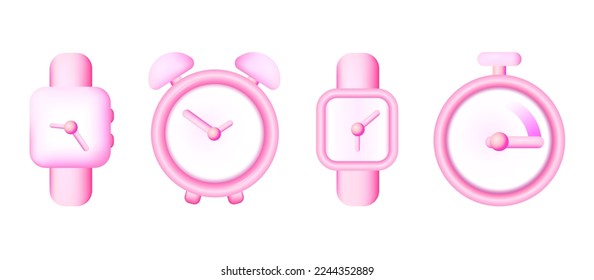Observar el vector 3d con un estilo realista sobre fondo blanco. Relojes, punto, conjunto de iconos de tiempo, icono de vector 3d realista EPS 10. Fondo blanco. Concepto de negocio. Temporizador azul, estilo plano rosa degradado. 