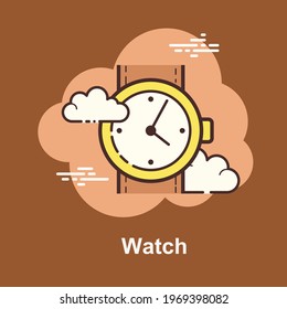 Watch with analog showing needles with strap on brown background flat concept design