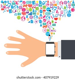 Watch app and cloud technology with social network icons background.