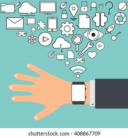 Watch app and cloud technology with social network icons background, icon line