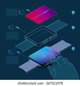 Watch application concept with color screenshot description and flat wireframes.Vector Illustration.
