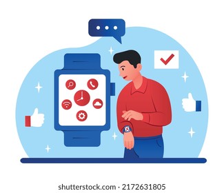 Watch application concept. Man opens programs on smartwatch. Modern technologies, gadgets and devices. Electronic band, software for busy people. Reminder and clock. Cartoon flat vector illustration