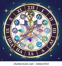 Watch with the astrological signs of the zodiac, vector illustration