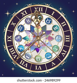 Watch with the astrological signs of the zodiac, vector illustration