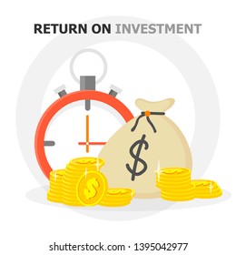 A watch with a bag of money in front of it is depicted on a white background. Shadow under objects. The top is written in black text.