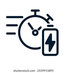 Watch, battery, lightning. Fast charging concept. Vector linear icon isolated on white background.