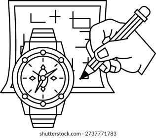 A watch is being drawn on a piece of paper with a pencil. The watch is a wristwatch with a compass on it. Concept of time and navigation