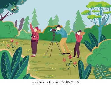 Watch bird at nature, vector illustration, flat man woman character hobby outdoor, person travel at wild landscape, use binoculars.