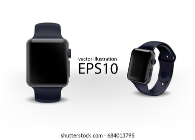 watch black color. Vector illustration  smart  electronic,  realistic modern technology