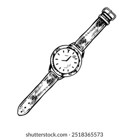 Cuidado. Una ilustración gráfica de Vector en blanco y negro hecha a mano. Se destacan sobre un fondo blanco. Un reloj de pulsera con correa. Un elemento del diseño de Anuncios, volantes, carteles y paquetes.