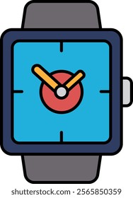 A watch with a blue face and red hands showing the time of 10:30. The watch is a cartoon style and has a blue background