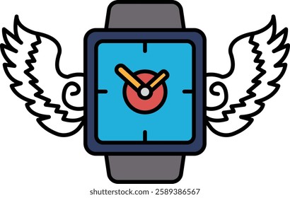 A watch with a blue face and red hands with wings on either side. The watch is set to the time of 10:30
