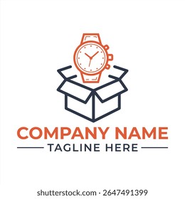 Watch in a Box Logo Design Concept for a Delivery Service or Time Management Business with Simple Modern Style