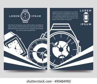 Watch brochure flyers template blue and white set. Vector illustration
