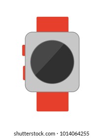 Watch with buttons, poster with helpful wristwatch of red and grey colors, clock showing time, vector illustration isolated on white background
