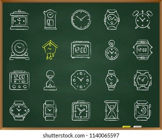 Watch chalk icons set. Outline sign kit of alarm clock. Clock linear icon collection includes stop watch, sand glass, dial. Hand drawn by crayon simple watch symbol on chalkboard vector Illustration