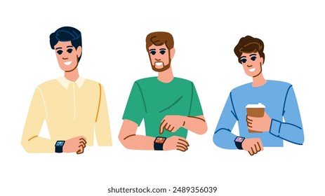 watch checking time man  vector.  hand clock, late business, business wristwatch watch checking time man character. people flat cartoon illustration
