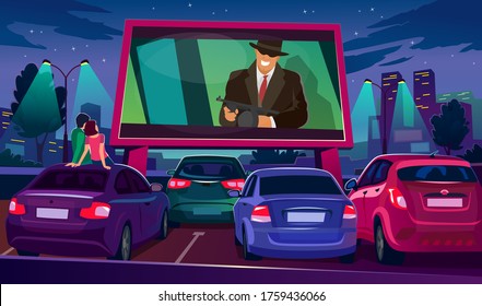 Sehen Sie sich das Kino auf Großbildschirm unter freiem Himmel an, Vektorgrafik. Grosser Film-Bildschirm leuchtend in der Dunkelheit umgeben von Autos flach Stil. Nachtstadt und romantisches Veranstaltungskonzept
