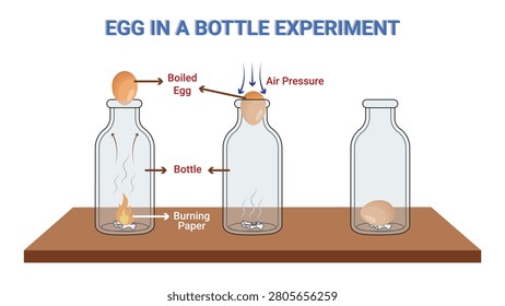 Watch the classic egg in a bottle experiment come to life with this simple and engaging science demonstration. This stock image captures the moment a peeled hard boiled egg gets sucked into a glass bottle through the power of air pressure. The visual is perfect for educational content science blogs classroom activities and STEM related projects. Use this photo to illustrate physics concepts like gas expansion pressure differences and vacuum effects in a fun and memorable way. Ideal for teachers students and parents looking for hands on learning ideas. This clear and high quality image works well for posters worksheets presentation slides and online articles. It clearly shows the egg positioned at the mouth of the bottle with the dramatic action about to happen. Add this eye catching visual to your collection for science fair materials lab safety guides or homeschooling resources. The experiment is a classic favorite for kids and adults alike making complex scientific principles easy to understand through real world observation. This image is a great choice for any project that aims to inspire curiosity and a love for science.