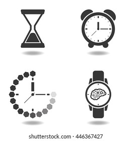 Watch, clock and alarm clock vector eps10 icon set on white isolated background. Wristwatch icon, hourglass, sand clocks, wall clocks. The sign of hours. Time illustration business concept