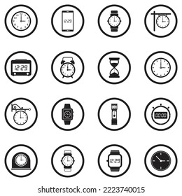Iconos de reloj y vigilancia. Diseño Plano Negro En Círculo. Ilustración vectorial.