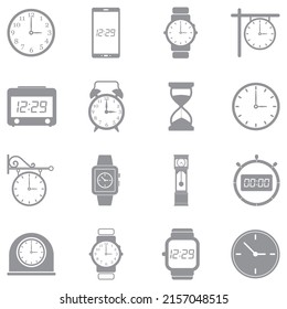 Iconos de reloj y vigilancia. Diseño plano gris. Ilustración vectorial.