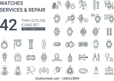 Watch and clock icons set. 42 icons in flat outline style with editable stroke, containing such icons as calendar, smart watch, watchmaker, watch disassembly, band, repair and much more.