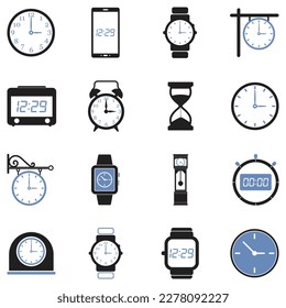 Watch and Clock Icons. Two Tone Flat Design. Vector Illustration.