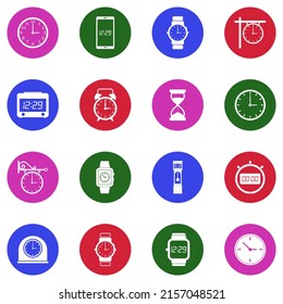 Watch and Clock Icons. White Flat Collection In Circle. Vector Illustration.