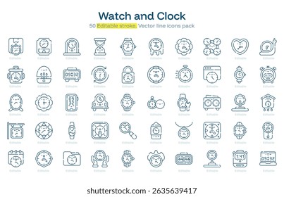 Watch and Clock line icon pack. Watch and Clock Stroke icon set. Editable Stroke icon