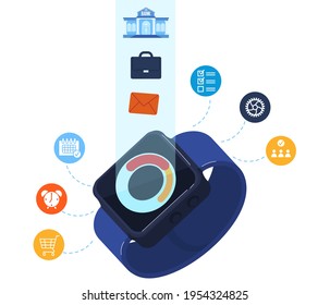 Reloj inteligente, tecnología moderna, pantalla de uso móvil elemento de arreglo, diseño, en ilustración vectorial de estilo plano.