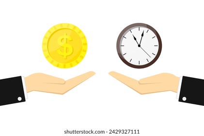 Watch and coin in hands. Exchange between money and time