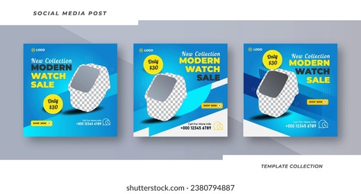 watch collection brand product sale for social media post template or web banner. watch new arrival social media post vector template