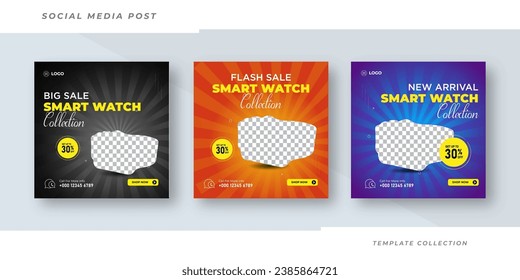 watch collection brand product sale for social media post template or web banner. watch new arrival social media post vector template