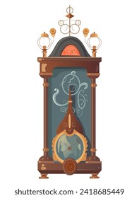 Cuidado con el colorido conjunto. Este reloj vintage cobra vida en esta deliciosa ilustración, mezclando de forma experta elementos de diseño y dibujos animados. Ilustración vectorial.